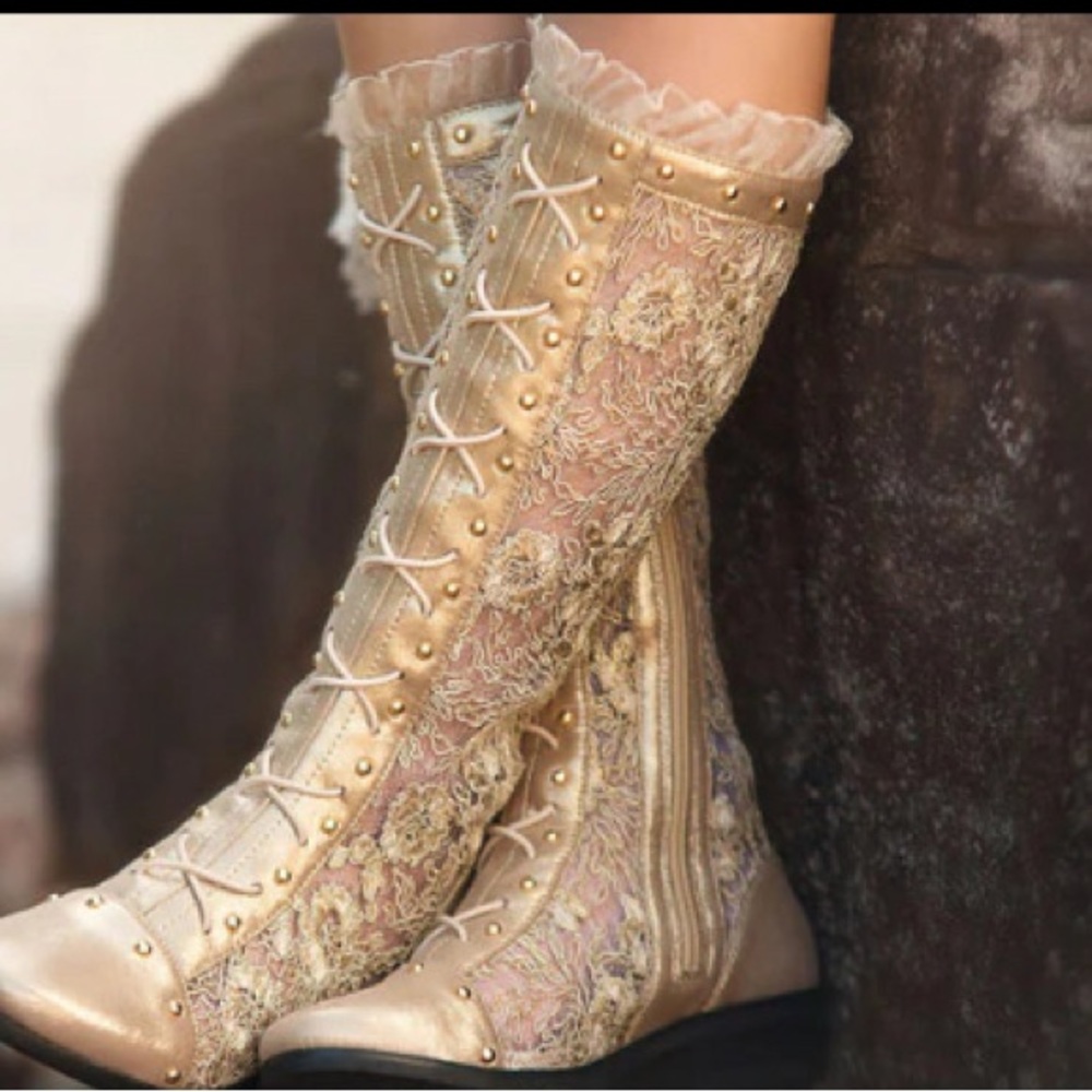 Trish Scully Girls' Gold Lace-Up Embroidered Knee Boots Size 2 (Little Girl)